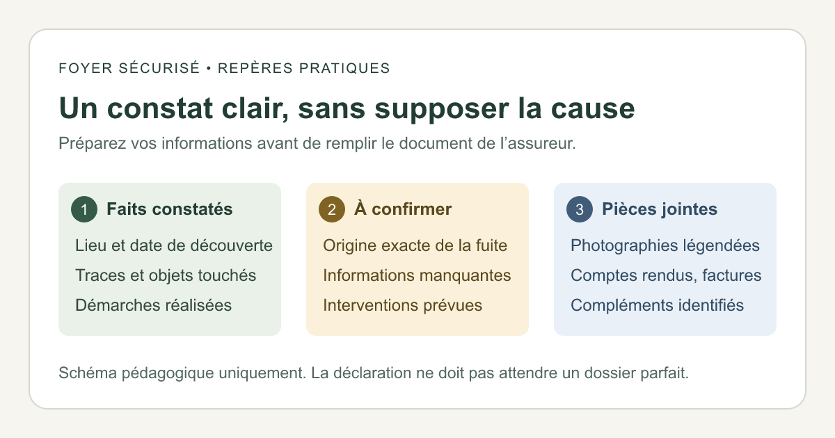 Trois groupes pour préparer le constat : faits observés, points à confirmer et pièces jointes.
